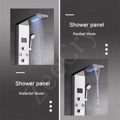 ZeeCry Thermostatic Shower Panel Rainfall Shower,8 Body Jet Massage Spray, Wall Mount Easy Connect Luxury Bathroom Gold Color Shower Panel System With LED Display Temperature (Stainless Steel) 304 Free Faucet Angle Valve