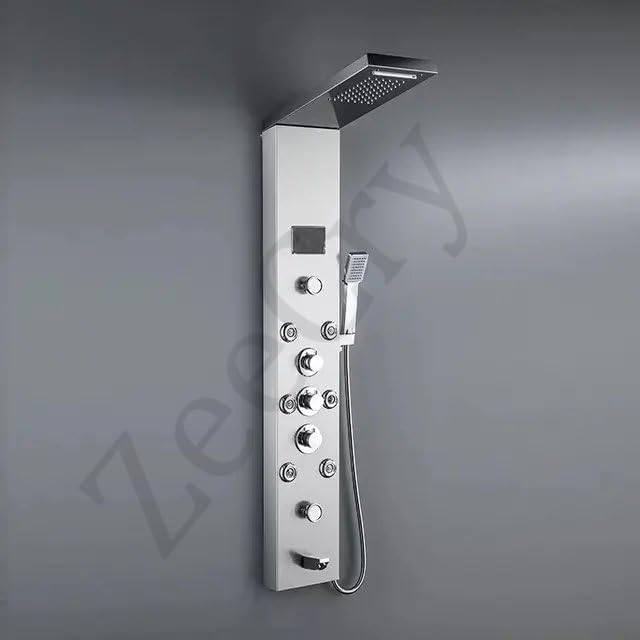 ZeeCry Thermostatic Chrome shower Panel/Rainfall Shower,8 Body Massage Spray/Luxury Bathroom shower Panel Waterfall Body Massage shower (Stainless Steel) 304 Free Faucet Angle Valve