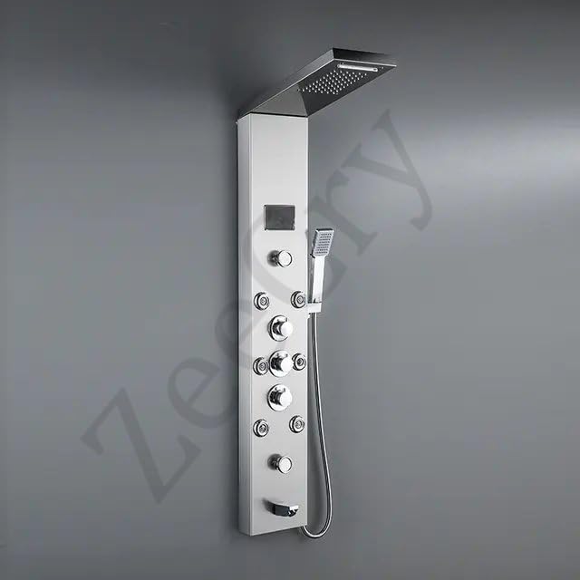 ZeeCry Shower Panel 8-in-1 Thermostatic | Stainless Steel 304, Rainfall Shower, 8 Body Jets, Handheld, Hot & Cold Mixer, LED Display, Wall Mount Kit (Luxurious Chrome) Free Faucet Angle Valve