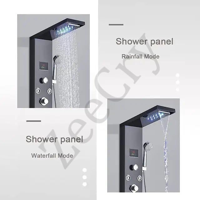 ZeeCry Thermostatic Shower Panel 8 in One With Digital LED Display Temperature/Wall Mount Easy Connect Black Shower Panel System/Rainfall Luxury Black Shower set (Stainless Steel) SS304 Free Faucet Angle Valve