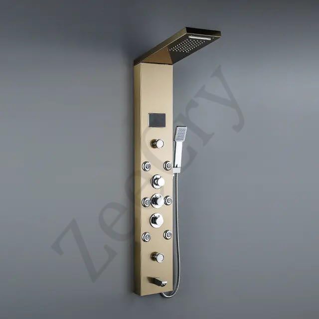 ZeeCry Thermostatic Shower Panel Rainfall Shower,8 Body Jet Massage Spray, Wall Mount Easy Connect Luxury Bathroom Gold Color Shower Panel System With LED Display Temperature (Stainless Steel) 304  Free Faucet Angle Valve
