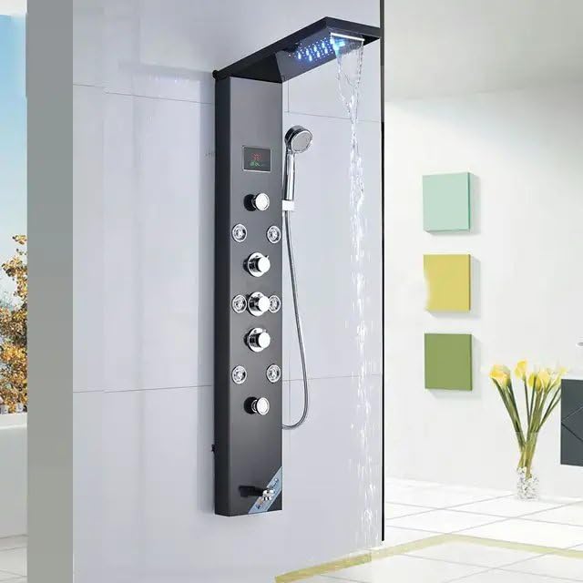 ZeeCry Thermostatic Shower Panel 8 in One With Digital LED Display Temperature/Wall Mount Easy Connect Black Shower Panel System/Rainfall Luxury Black Shower set (Stainless Steel) SS304 Free Faucet Angle Valve