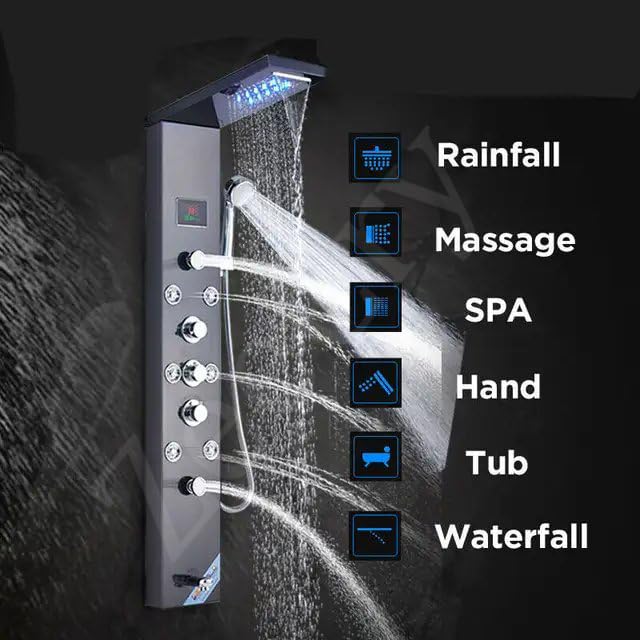 ZeeCry Thermostatic Shower Panel 8 in One With Digital LED Display Temperature/Wall Mount Easy Connect Black Shower Panel System/Rainfall Luxury Black Shower set (Stainless Steel) SS304 Free Faucet Angle Valve