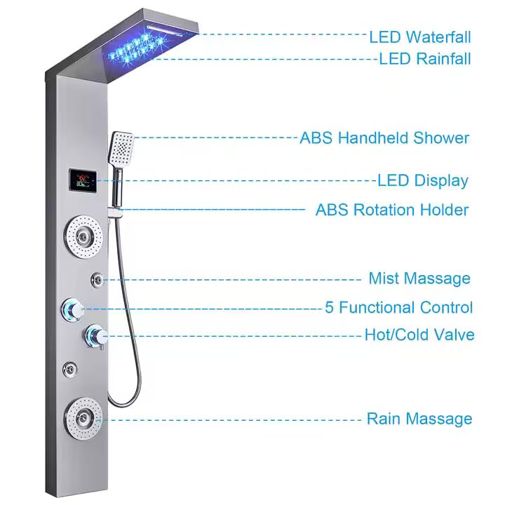 ZeeCry Luxury Thermostatic Shower Panel Full Set for Bathroom,Stainless Steel Shower 304 Grade, Thermostat Luxury Shower Panel With Chrome Finish ,6 in 1 System With Temperature Digital LED Shower Panel.