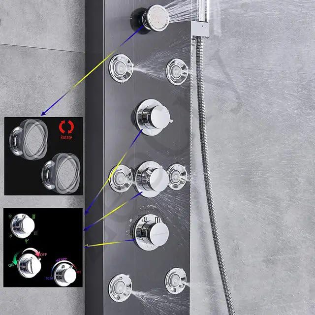 ZeeCry Shower Panel 8-in-1 Thermostatic | Stainless Steel 304, Rainfall Shower, 8 Body Jets, Handheld, Hot & Cold Mixer, LED Display, Wall Mount Kit (Luxurious Chrome) Free Faucet Angle Valve
