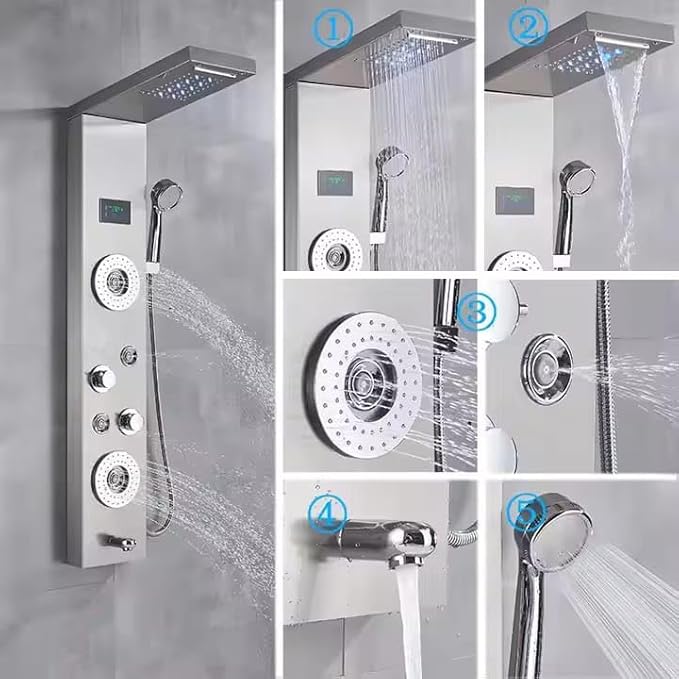 ZeeCry Luxury Thermostatic Shower Panel Full Set for Bathroom,Stainless Steel Shower 304 Grade, Thermostat Luxury Shower Panel With Chrome Finish ,6 in 1 System With Temperature Digital LED Shower Panel.
