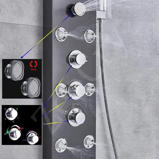 ZeeCry 8-in-1 Thermostatic Shower Panel | Stainless Steel 304, Rainfall Shower, 8 Body Jets, Handheld, Hot & Cold Mixer, LED Display, Wall Mount System (Brushed Black Edition) free Faucet
