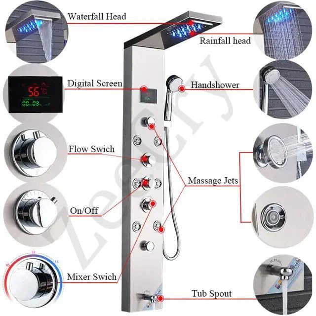 ZeeCry Thermostatic Chrome shower Panel/Rainfall Shower,8 Body Massage Spray/Luxury Bathroom shower Panel Waterfall Body Massage shower (Stainless Steel) 304 Free Faucet Angle Valve