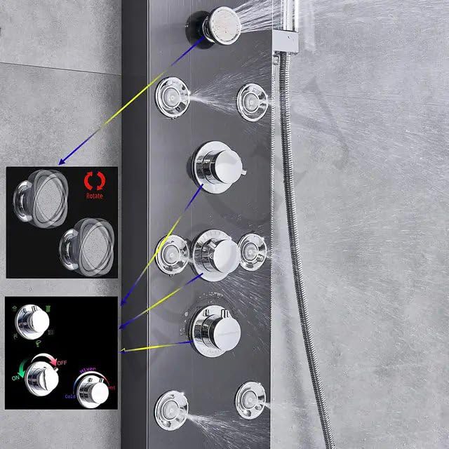 ZeeCry Thermostatic Shower Panel Rainfall Shower,8 Body Jet Massage Spray, Wall Mount Easy Connect Luxury Bathroom Gold Color Shower Panel System With LED Display Temperature (Stainless Steel) 304  Free Faucet Angle Valve