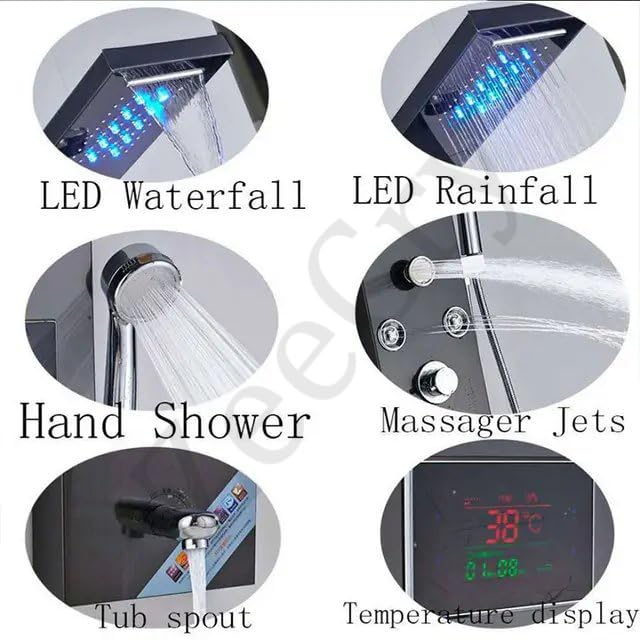 ZeeCry 8-in-1 Thermostatic Shower Panel | Stainless Steel 304, Rainfall Shower, 8 Body Jets, Handheld, Hot & Cold Mixer, LED Display, Wall Mount System (Brushed Black Edition) free Faucet