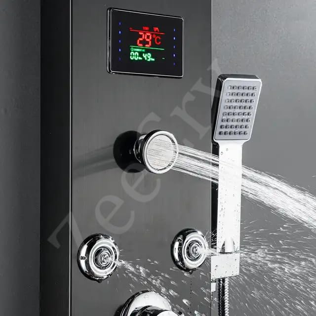 ZeeCry 8-in-1 Thermostatic Shower Panel | Stainless Steel 304, Rainfall Shower, 8 Body Jets, Handheld, Hot & Cold Mixer, LED Display, Wall Mount System (Brushed Black Edition) free Faucet