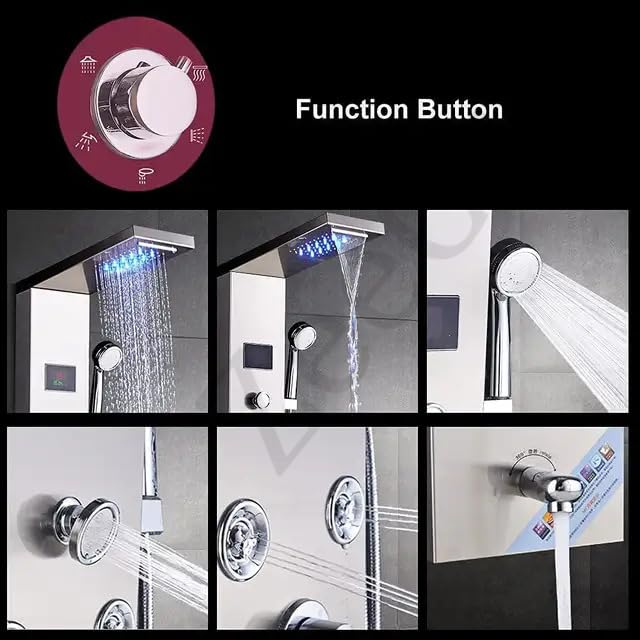 ZeeCry Thermostatic Shower Panel Rainfall Shower,8 Body Jet Massage Spray, Wall Mount Easy Connect Luxury Bathroom Gold Color Shower Panel System With LED Display Temperature (Stainless Steel) 304  Free Faucet Angle Valve