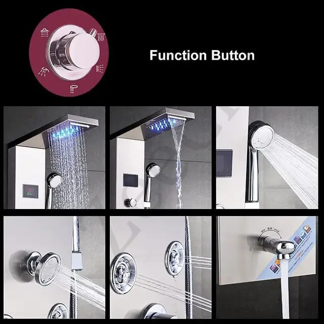 ZeeCry Shower Panel 8-in-1 Thermostatic | Stainless Steel 304, Rainfall Shower, 8 Body Jets, Handheld, Hot & Cold Mixer, LED Display, Wall Mount Kit (Luxurious Chrome) Free Faucet Angle Valve
