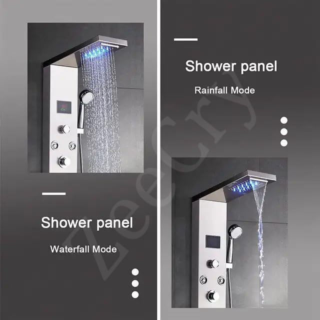 ZeeCry Thermostatic Shower Panel Rainfall Shower,8 Body Jet Massage Spray, Wall Mount Easy Connect Luxury Bathroom Gold Color Shower Panel System With LED Display Temperature (Stainless Steel) 304  Free Faucet Angle Valve