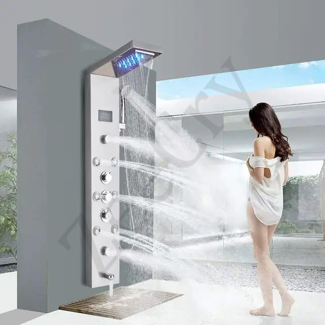 ZeeCry Shower Panel 8-in-1 Thermostatic | Stainless Steel 304, Rainfall Shower, 8 Body Jets, Handheld, Hot & Cold Mixer, LED Display, Wall Mount Kit (Luxurious Chrome) Free Faucet Angle Valve