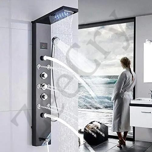 ZeeCry 8-in-1 Thermostatic Shower Panel | Stainless Steel 304, Rainfall Shower, 8 Body Jets, Handheld, Hot & Cold Mixer, LED Display, Wall Mount System (Brushed Black Edition) free Faucet