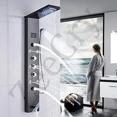 ZeeCry 8-in-1 Thermostatic Shower Panel | Stainless Steel 304, Rainfall Shower, 8 Body Jets, Handheld, Hot & Cold Mixer, LED Display, Wall Mount System (Brushed Black Edition) free Faucet