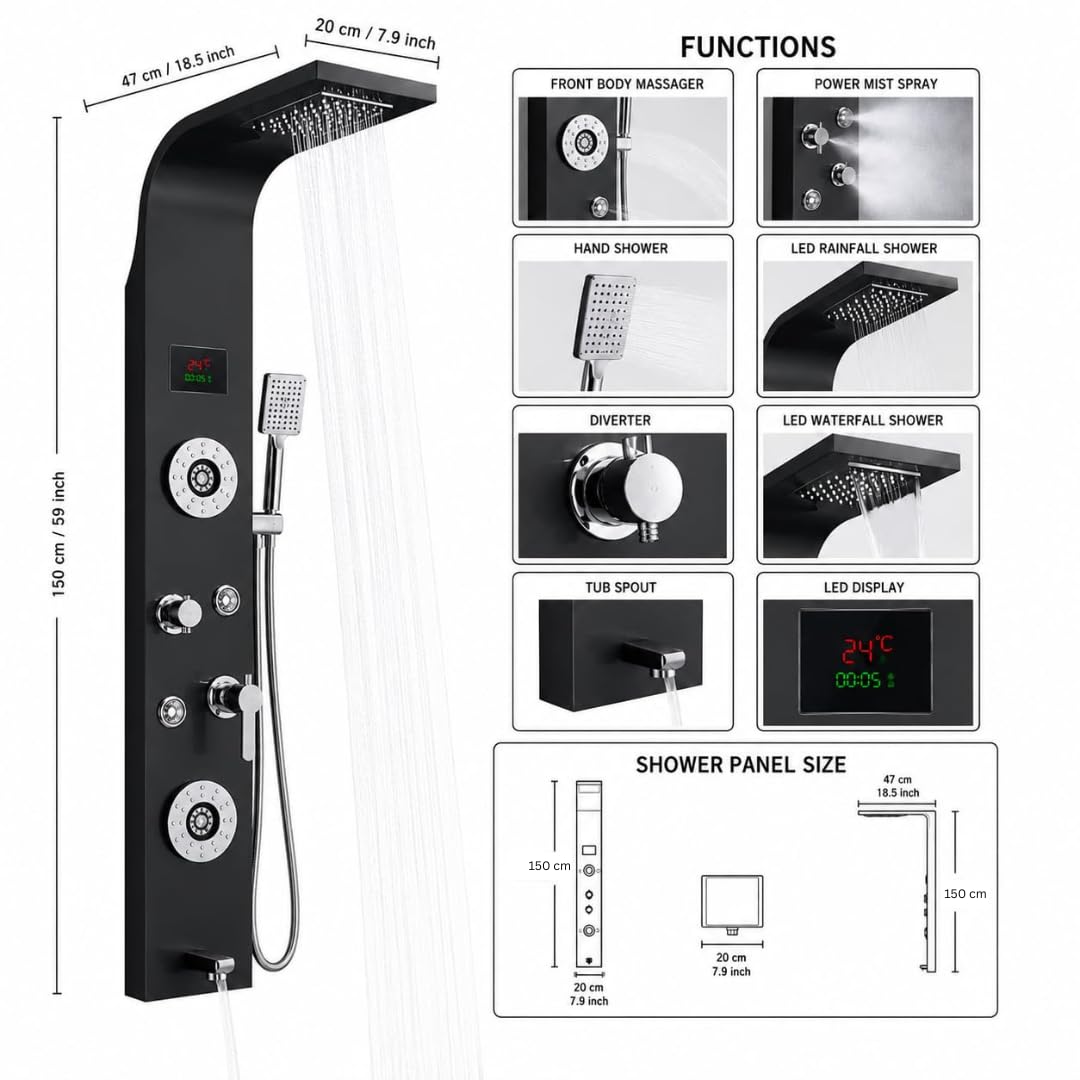 ZeeCry Luxurious  Shower Panel Rainfall Shower, Body Massage Spray Handheld Shower, Waterfall & Rain Shower,Stainless Steel 304 Grade,Shower Panel - Flow with Hydropowered LED Light + Digital Display & 5 Water Functions.