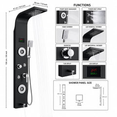 ZeeCry Luxurious  Shower Panel Rainfall Shower, Body Massage Spray Handheld Shower, Waterfall & Rain Shower,Stainless Steel 304 Grade,Shower Panel - Flow with Hydropowered LED Light + Digital Display & 5 Water Functions.