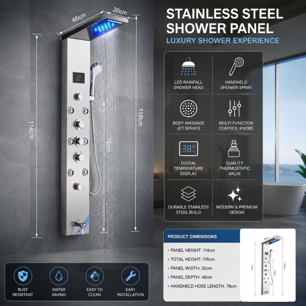 ZeeCry Shower Panel 8-in-1 Thermostatic | Stainless Steel 304, Rainfall Shower, 8 Body Jets, Handheld, Hot & Cold Mixer, LED Display, Wall Mount Kit (Luxurious Chrome) Free Faucet Angle Valve