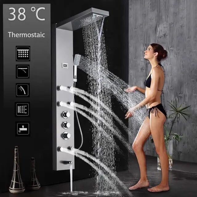ZeeCry Thermostatic Shower Panel 8 in One With Digital LED Display Temperature/Wall Mount Easy Connect Black Shower Panel System/Rainfall Luxury Black Shower set (Stainless Steel) SS304 Free Faucet Angle Valve