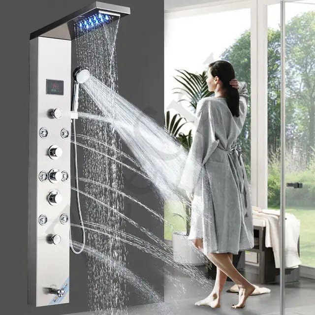 ZeeCry Thermostatic Chrome shower Panel/Rainfall Shower,8 Body Massage Spray/Luxury Bathroom shower Panel Waterfall Body Massage shower (Stainless Steel) 304 Free Faucet Angle Valve