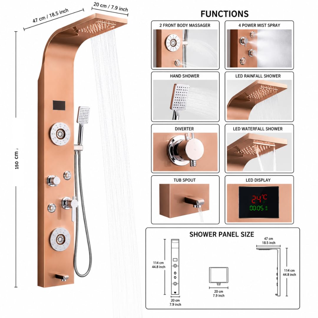 ZeeCry Luxurious  Shower Panel Rainfall Shower, Body Massage Spray Handheld Shower,Wall Mount Easy Connect Shower Panel Kit, Luxury Shower Panel 5 in One Tower System,Body Massage Spray,Temperature Display, Waterfall Shower,Stainless Steel 304 Grade.
