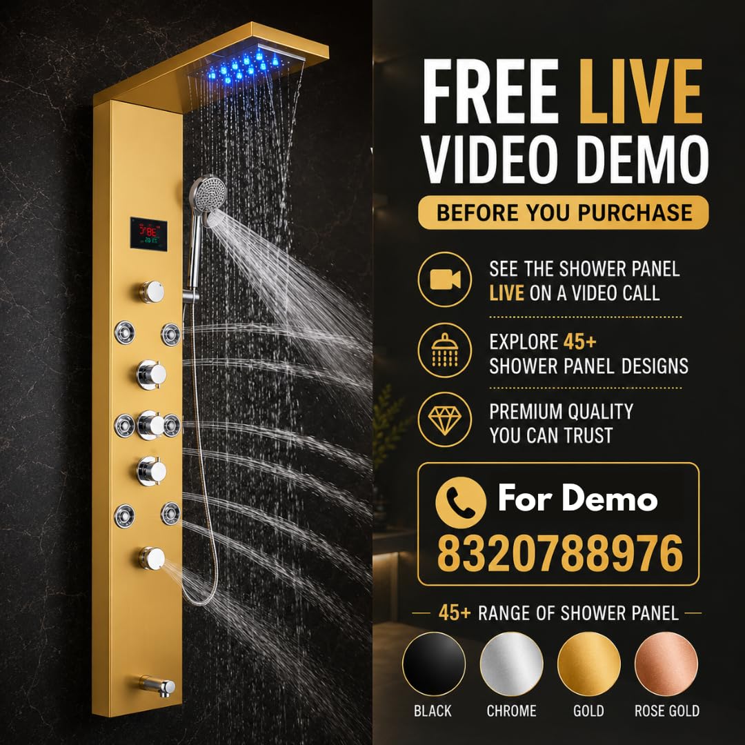 ZeeCry Thermostatic Shower Panel Rainfall Shower,8 Body Jet Massage Spray, Wall Mount Easy Connect Luxury Bathroom Gold Color Shower Panel System With LED Display Temperature (Stainless Steel) 304  Free Faucet Angle Valve