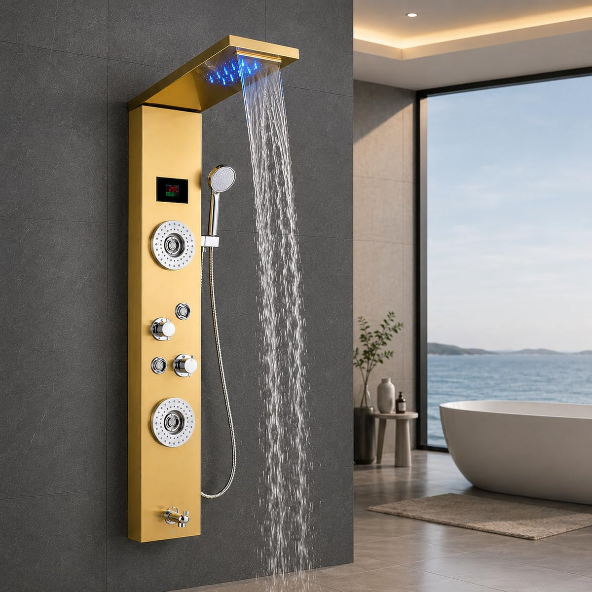 ZeeCry Stainless Steel Shower Panel Full Set ,Overhead Waterfall Shower , Hand Shower , Wall Mount Shower Panel For BathroomsBody Massage Spray Handheld Shower,Wall Mount Easy Connect Shower Panel Kit, Luxury Shower Panel 5 in One Tower System.