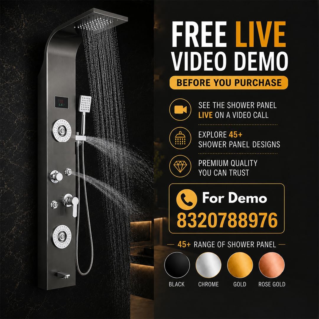 ZeeCry Luxurious  Shower Panel Rainfall Shower, Body Massage Spray Handheld Shower, Waterfall & Rain Shower,Stainless Steel 304 Grade,Shower Panel - Flow with Hydropowered LED Light + Digital Display & 5 Water Functions.