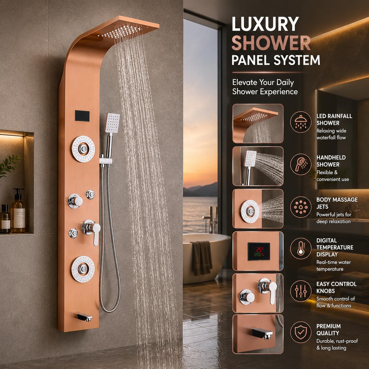 ZeeCry Luxurious  Shower Panel Rainfall Shower, Body Massage Spray Handheld Shower,Wall Mount Easy Connect Shower Panel Kit, Luxury Shower Panel 5 in One Tower System,Body Massage Spray,Temperature Display, Waterfall Shower,Stainless Steel 304 Grade.
