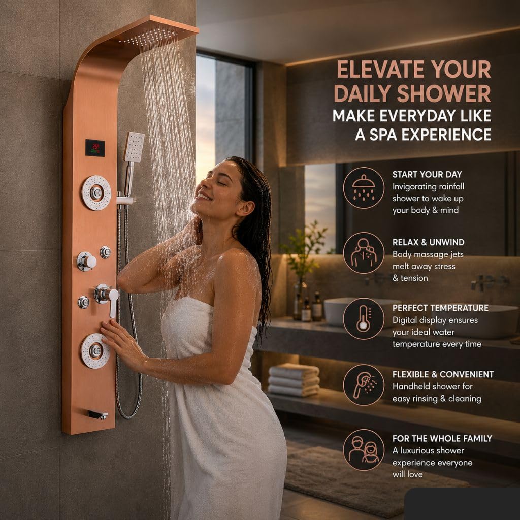 ZeeCry Luxurious  Shower Panel Rainfall Shower, Body Massage Spray Handheld Shower,Wall Mount Easy Connect Shower Panel Kit, Luxury Shower Panel 5 in One Tower System,Body Massage Spray,Temperature Display, Waterfall Shower,Stainless Steel 304 Grade.
