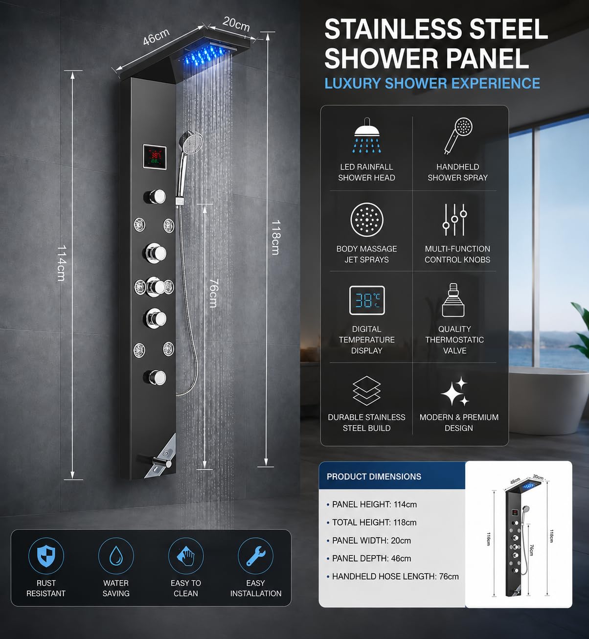 ZeeCry 8-in-1 Thermostatic Shower Panel | Stainless Steel 304, Rainfall Shower, 8 Body Jets, Handheld, Hot & Cold Mixer, LED Display, Wall Mount System (Brushed Black Edition) free Faucet