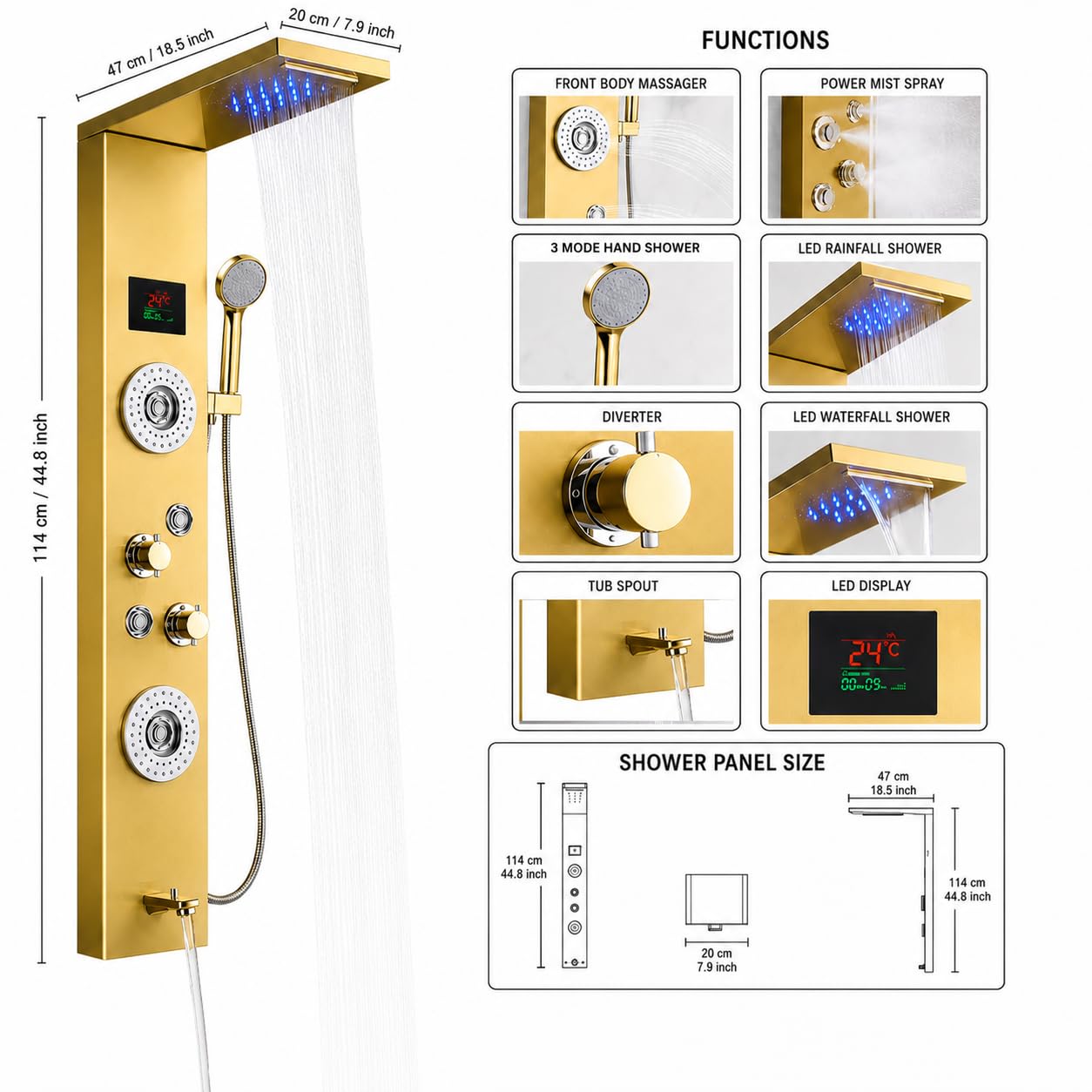 ZeeCry Stainless Steel Shower Panel Full Set ,Overhead Waterfall Shower , Hand Shower , Wall Mount Shower Panel For BathroomsBody Massage Spray Handheld Shower,Wall Mount Easy Connect Shower Panel Kit, Luxury Shower Panel 5 in One Tower System.