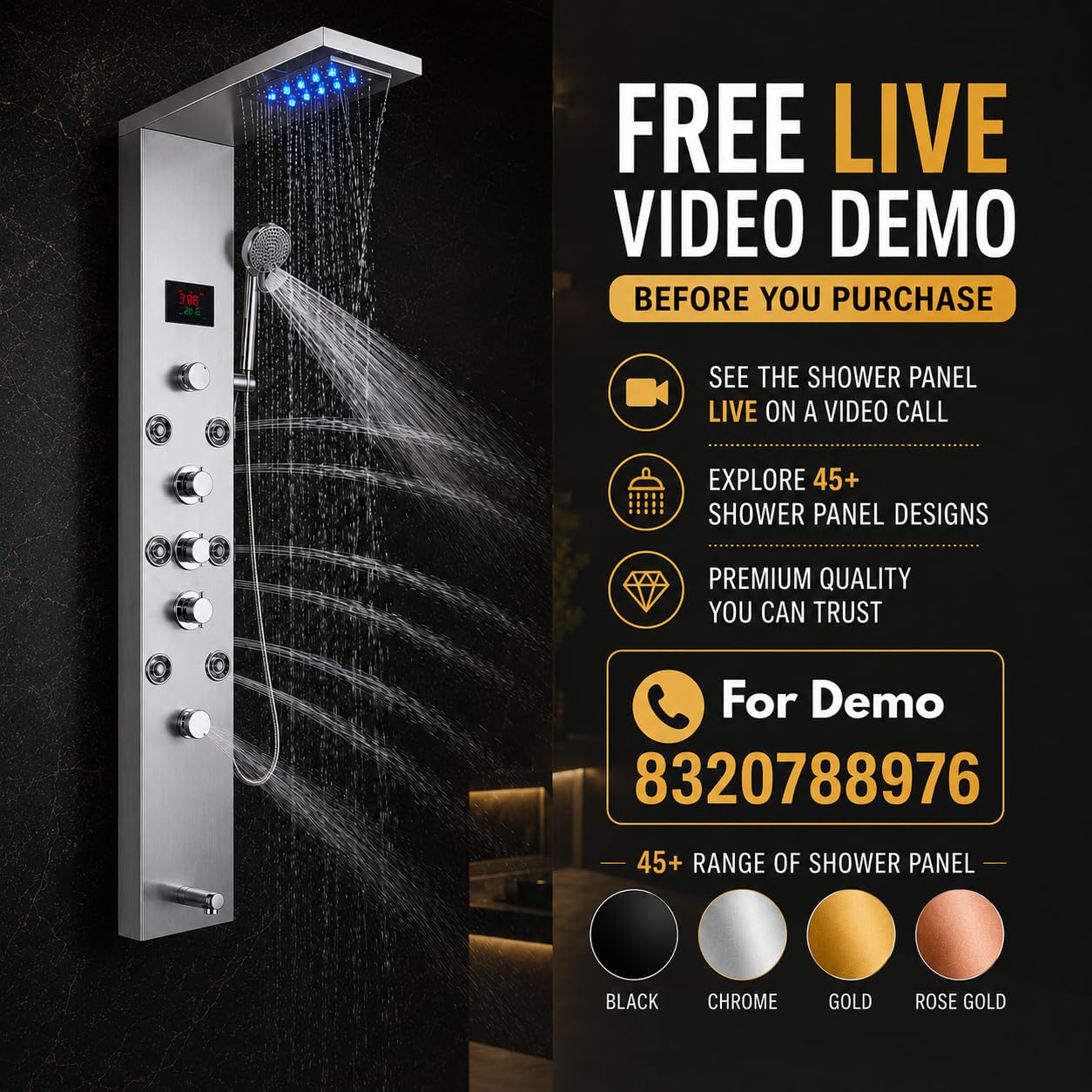 ZeeCry Shower Panel 8-in-1 Thermostatic | Stainless Steel 304, Rainfall Shower, 8 Body Jets, Handheld, Hot & Cold Mixer, LED Display, Wall Mount Kit (Luxurious Chrome) Free Faucet Angle Valve