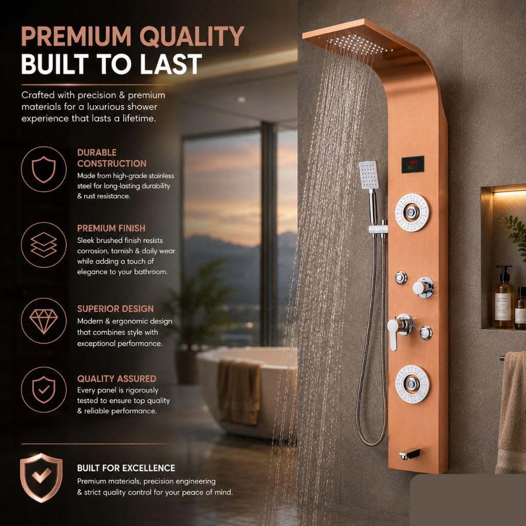 ZeeCry Luxurious  Shower Panel Rainfall Shower, Body Massage Spray Handheld Shower,Wall Mount Easy Connect Shower Panel Kit, Luxury Shower Panel 5 in One Tower System,Body Massage Spray,Temperature Display, Waterfall Shower,Stainless Steel 304 Grade.