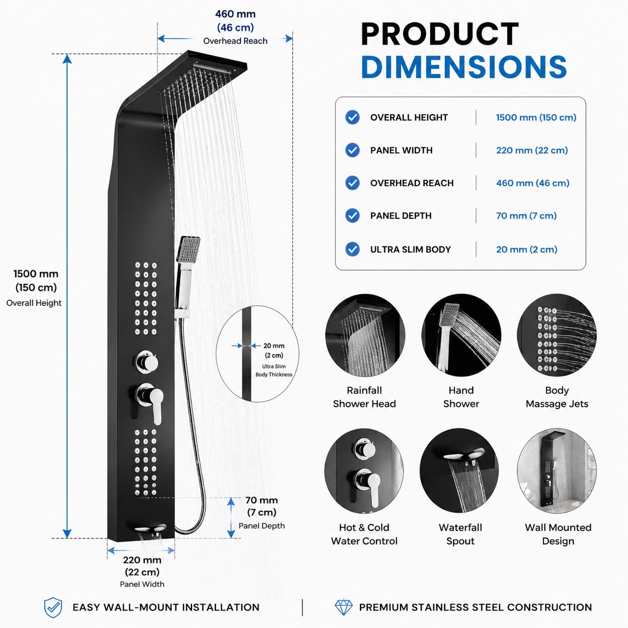 ZeeCry Stainless Steel 304 Grade Shower Panel System with Rainfall, Body Massage, Handheld Spray, and Jet - 4-in-1 Wall Mount Shower Tower, Brushed Finish for Bathroom