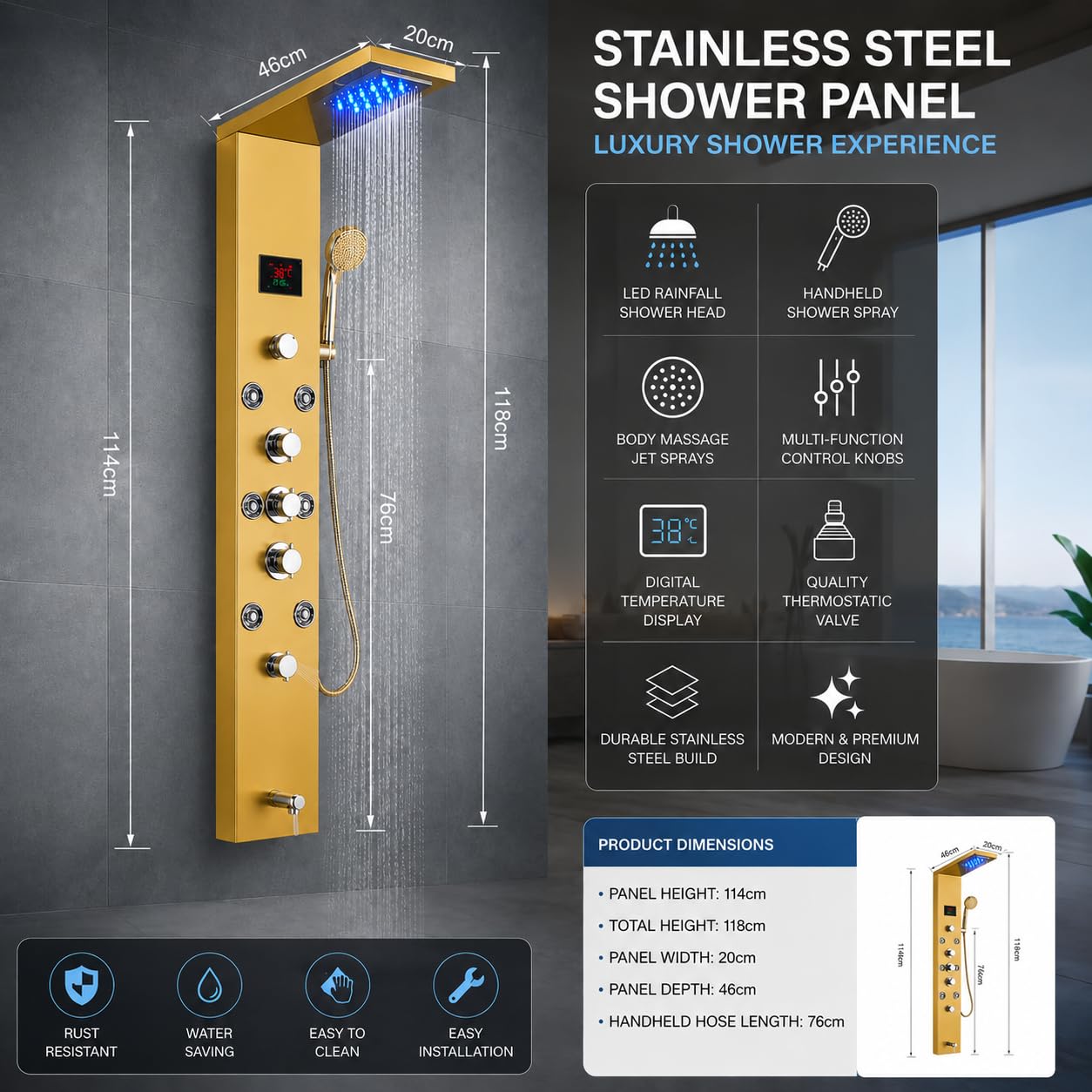 ZeeCry Thermostatic Shower Panel Rainfall Shower,8 Body Jet Massage Spray, Wall Mount Easy Connect Luxury Bathroom Gold Color Shower Panel System With LED Display Temperature (Stainless Steel) 304  Free Faucet Angle Valve