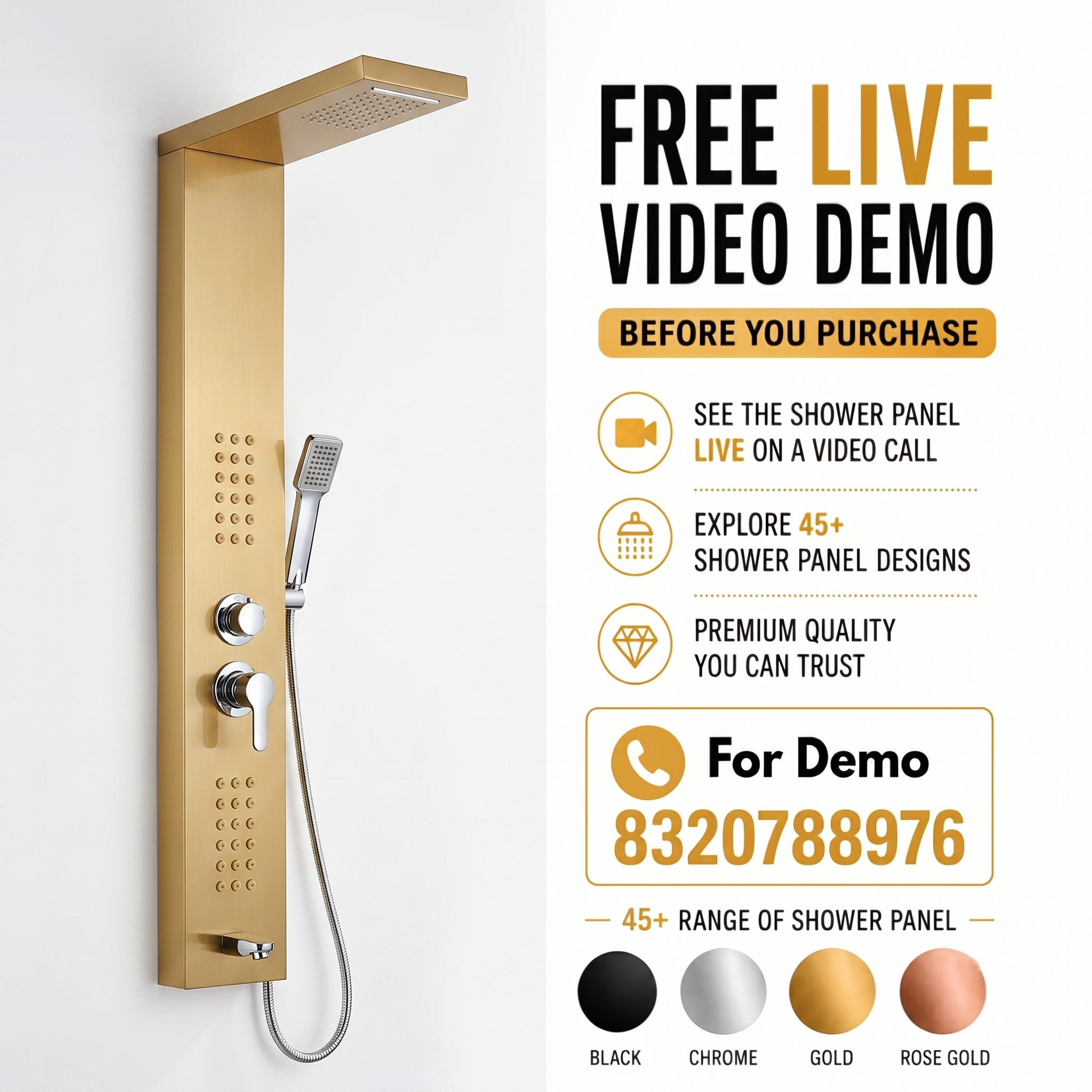 ZeeCry Shower Panel Rainfall Shower, Body Massage Spray Handheld Shower ,Wall Mount Easy Connect Shower Panel Kit , Luxury Gold Shower Panel 6 in One With LED Display Tower System ( Stainless Steel ) 304