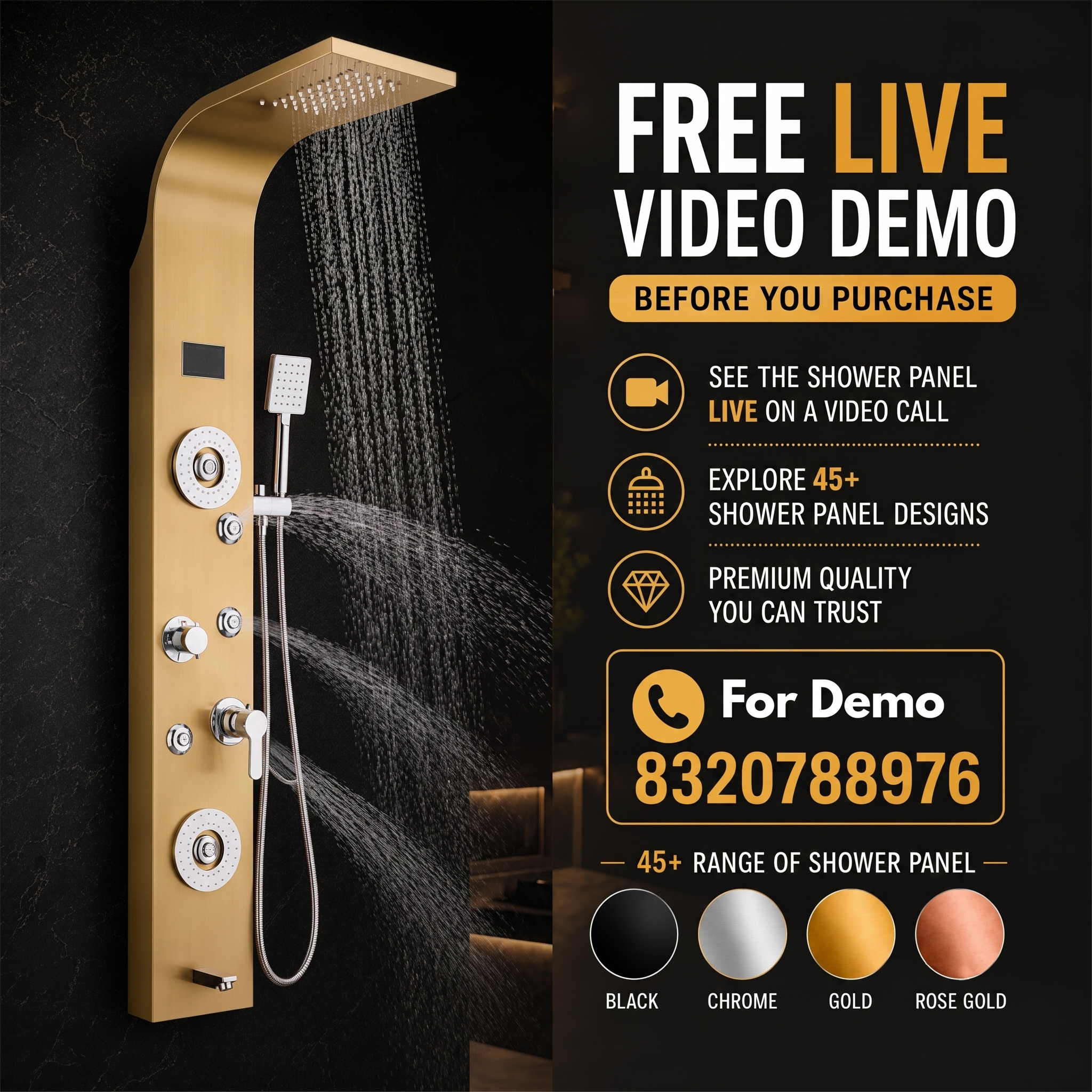 ZeeCry Shower Panel Rainfall Shower, Body Massage Spray Handheld Shower ,Wall Mount Easy Connect Shower Panel Kit , Luxury Gold Shower Panel 6 in One With LED Display Tower System ( Stainless Steel ) 304