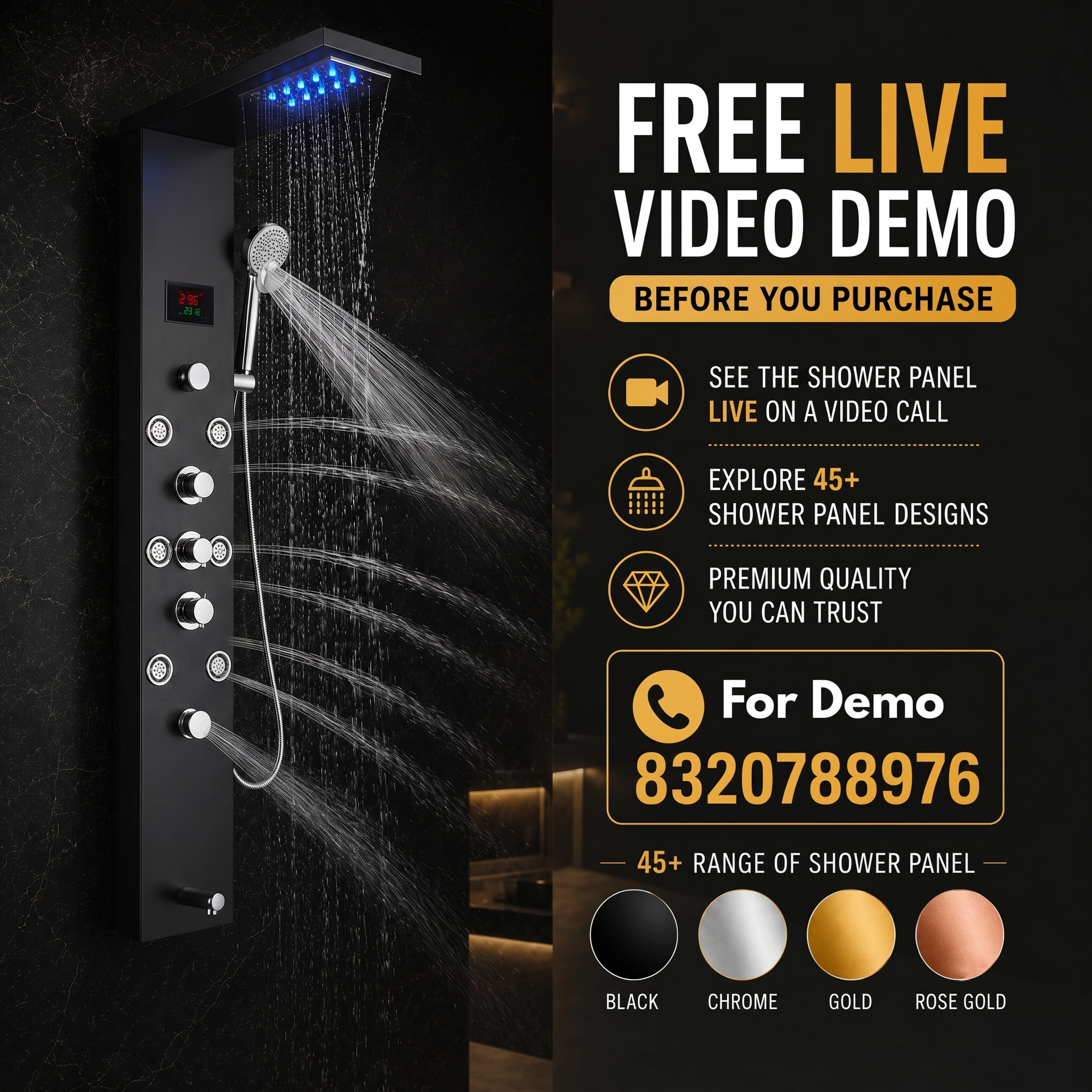 ZeeCry 8-in-1 Thermostatic Shower Panel | Stainless Steel 304, Rainfall Shower, 8 Body Jets, Handheld, Hot & Cold Mixer, LED Display, Wall Mount System (Brushed Black Edition) free Faucet