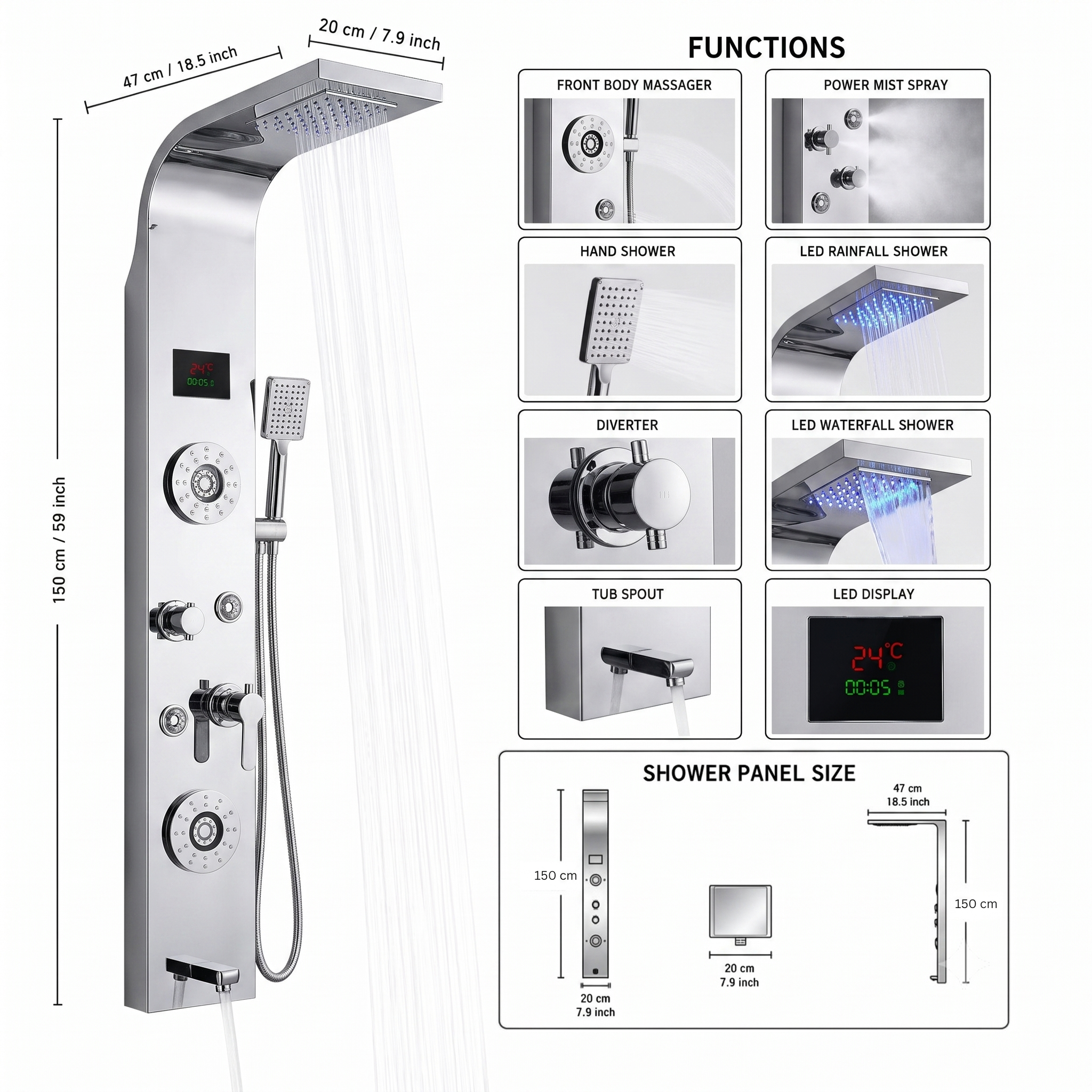 ZeeCry Luxury Shower Panel System Thermostate 5 IN One shower panel Tower System/Body Massage Spray Shower Temperature Display Easy Connect Shower Panel Chrome Finish (Stainless Steel) 304 Grade