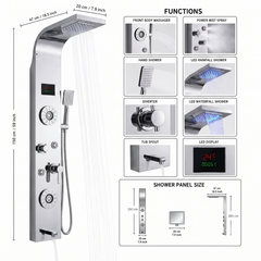 ZeeCry Shower Panel Rainfall Shower, Body Massage Spray Handheld Shower ,Wall Mount Easy Connect Shower Panel Kit , Luxury Chrome Shower Panel 6 in One With LED Display Tower System ( Stainless Steel ) 304