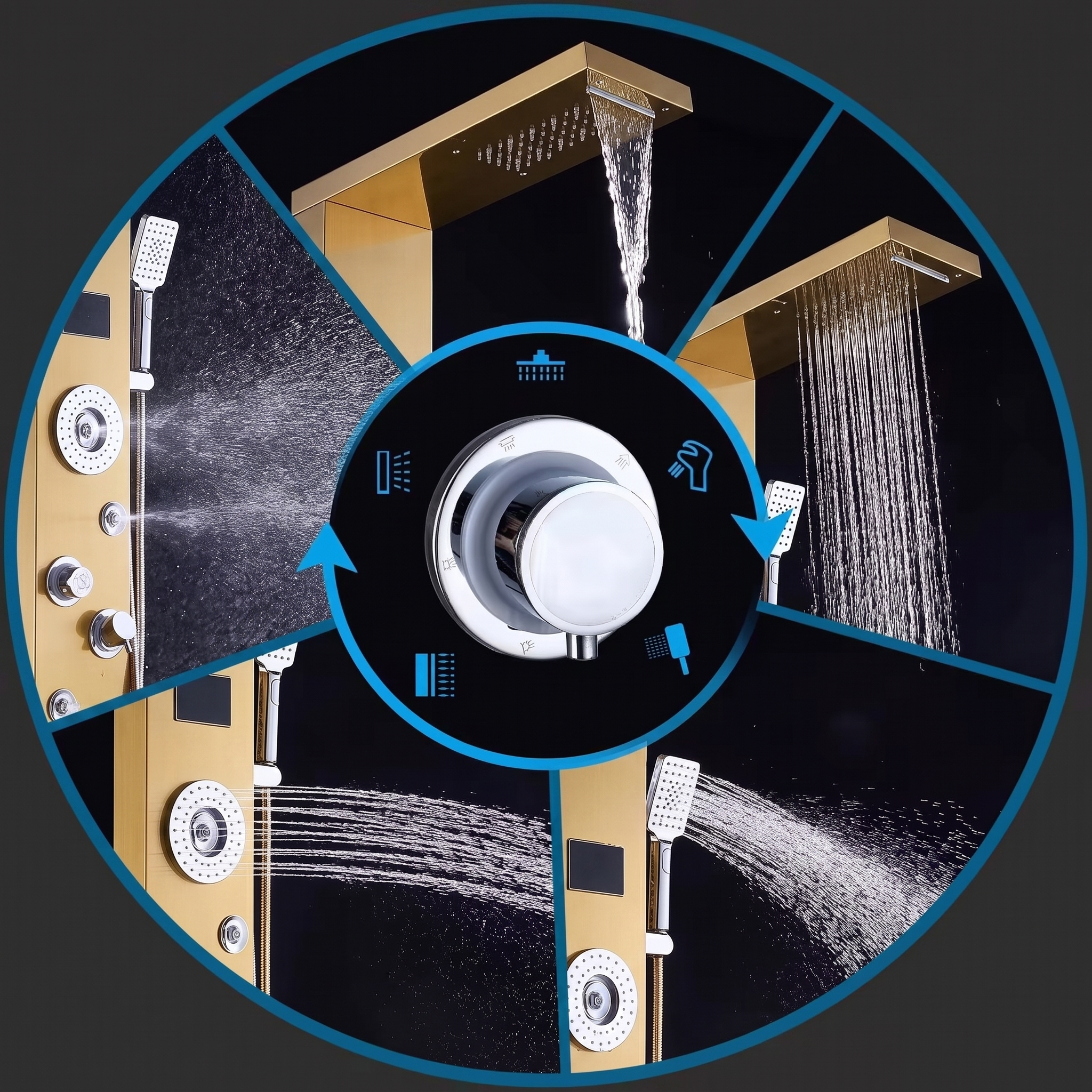ZeeCry Stainless Steel Shower Panel Full Set ,Overhead Waterfall Shower , Hand Shower , Wall Mount Shower Panel For BathroomsBody Massage Spray Handheld Shower,Wall Mount Easy Connect Shower Panel Kit, Luxury Shower Panel 5 in One Tower System.
