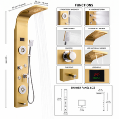 ZeeCry Shower Panel Rainfall Shower, Body Massage Spray Handheld Shower ,Wall Mount Easy Connect Shower Panel Kit , Luxury Gold Shower Panel 6 in One With LED Display Tower System ( Stainless Steel ) 304