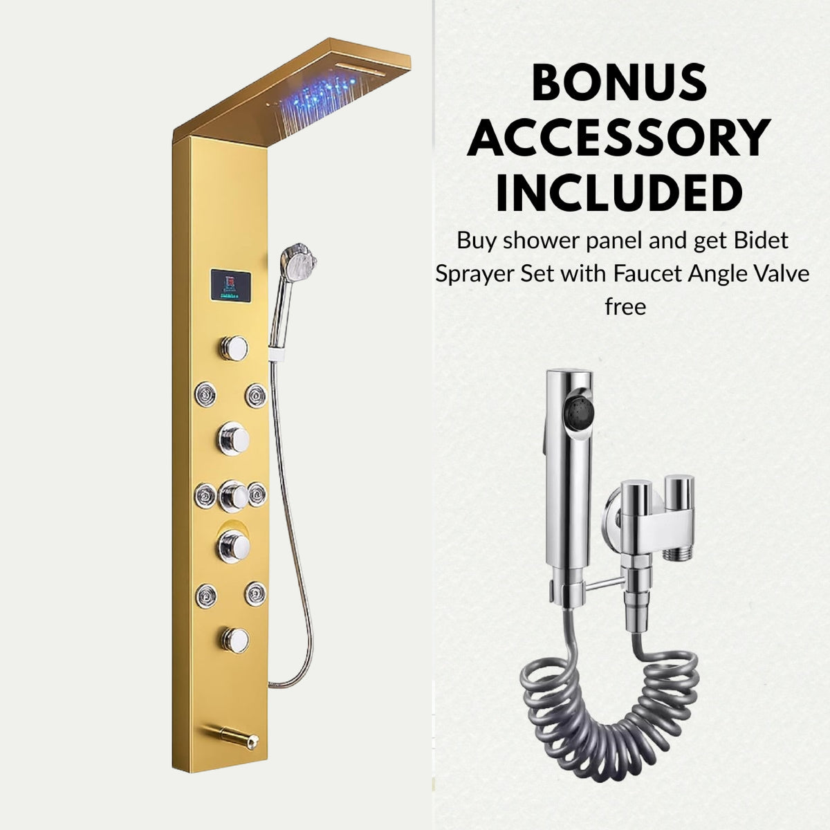 ZeeCry Thermostatic Shower Panel Rainfall Shower,8 Body Jet Massage Spray, Wall Mount Easy Connect Luxury Bathroom Gold Color Shower Panel System With LED Display Temperature (Stainless Steel) 304  Free Faucet Angle Valve