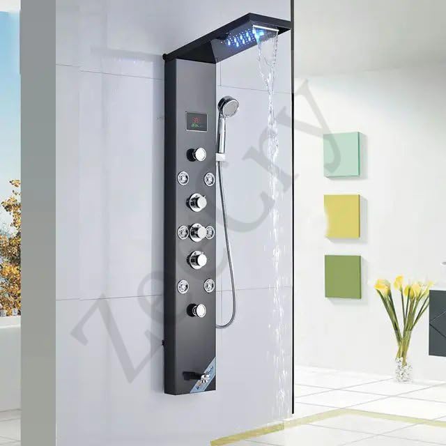 ZeeCry 8-in-1 Thermostatic Shower Panel | Stainless Steel 304, Rainfall Shower, 8 Body Jets, Handheld, Hot & Cold Mixer, LED Display, Wall Mount System (Brushed Black Edition) free Faucet